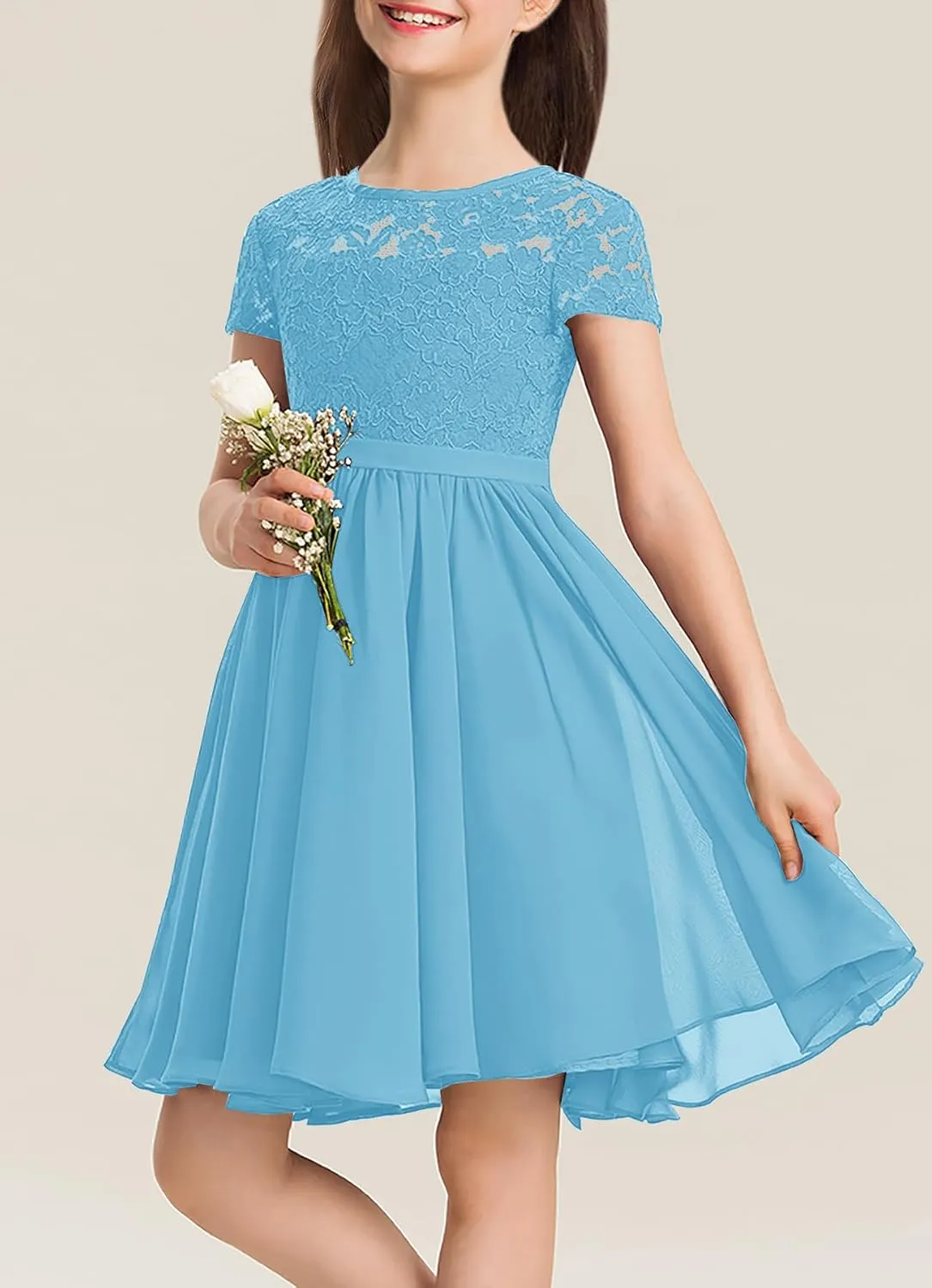 YOVION Flower Girls Dress Crew Neck Elegant Lace A-Line Formal Wedding Party Dresses for 6-12 Years