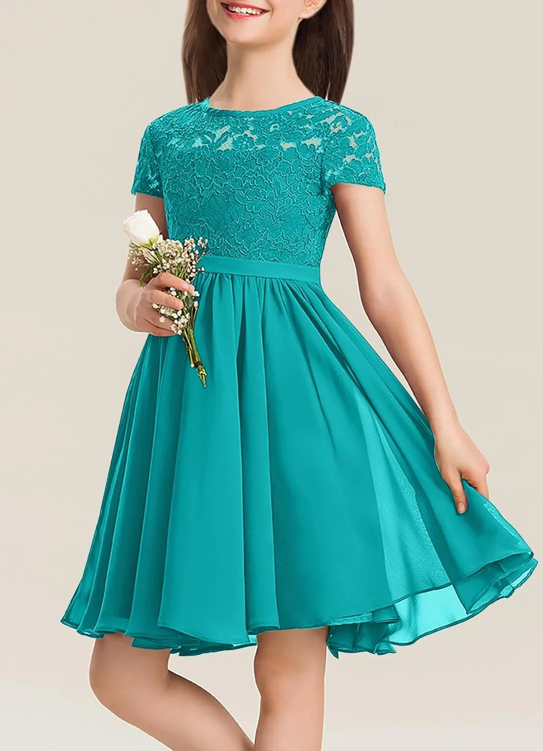 YOVION Flower Girls Dress Crew Neck Elegant Lace A-Line Formal Wedding Party Dresses for 6-12 Years