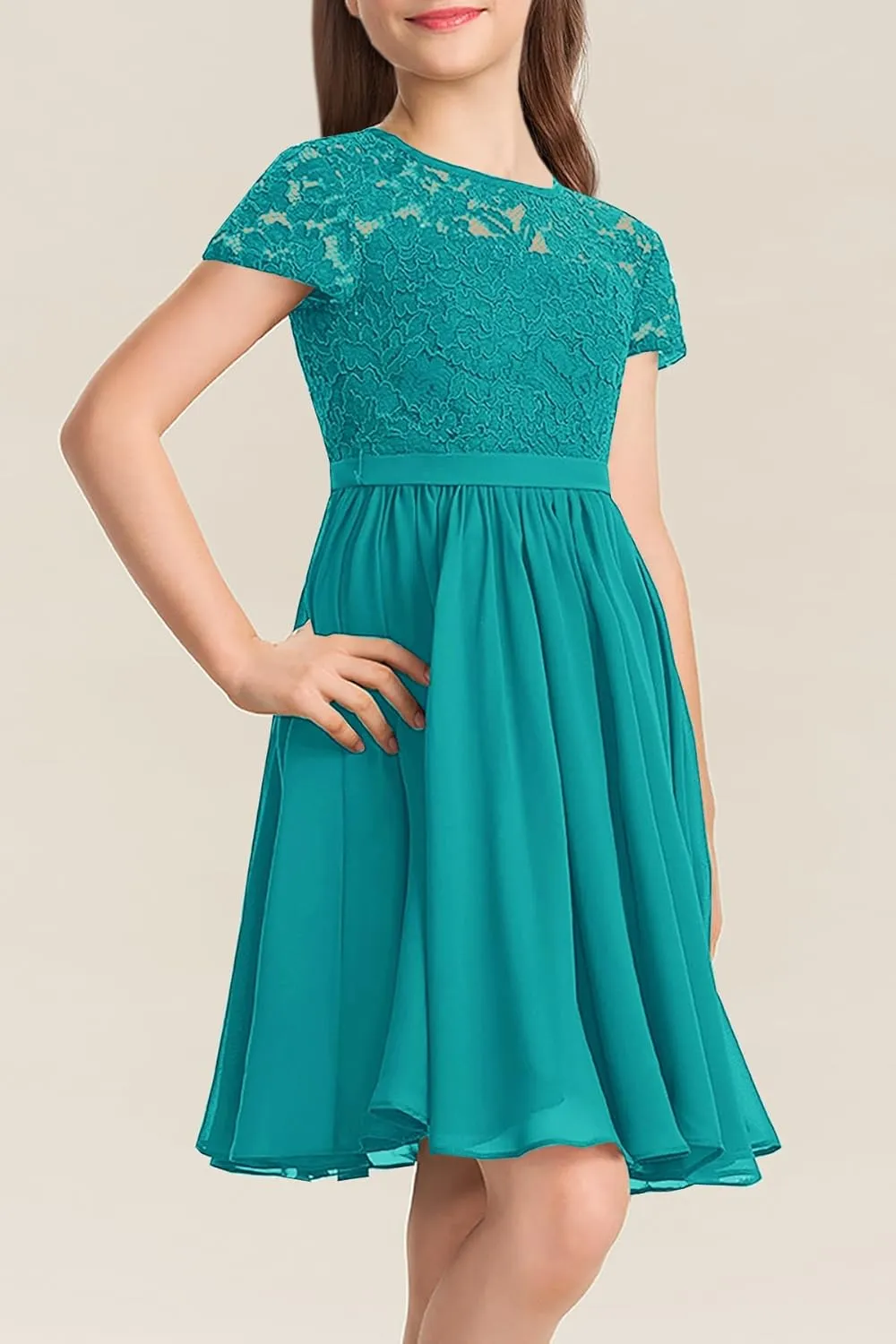 YOVION Flower Girls Dress Crew Neck Elegant Lace A-Line Formal Wedding Party Dresses for 6-12 Years