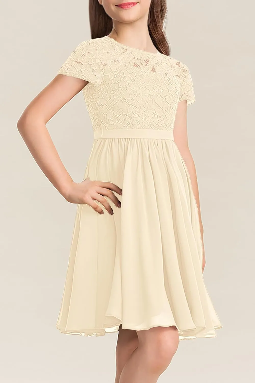 YOVION Flower Girls Dress Crew Neck Elegant Lace A-Line Formal Wedding Party Dresses for 6-12 Years