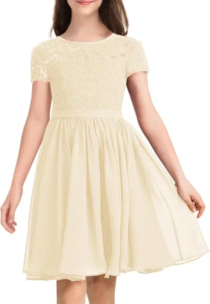 YOVION Flower Girls Dress Crew Neck Elegant Lace A-Line Formal Wedding Party Dresses for 6-12 Years