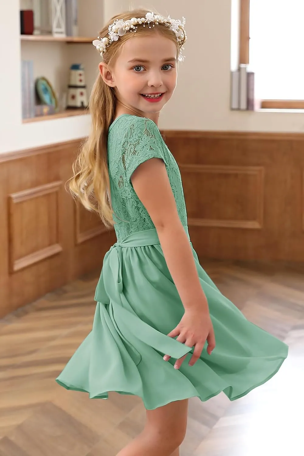 YOVION Flower Girls Dress Crew Neck Elegant Lace A-Line Formal Wedding Party Dresses for 6-12 Years