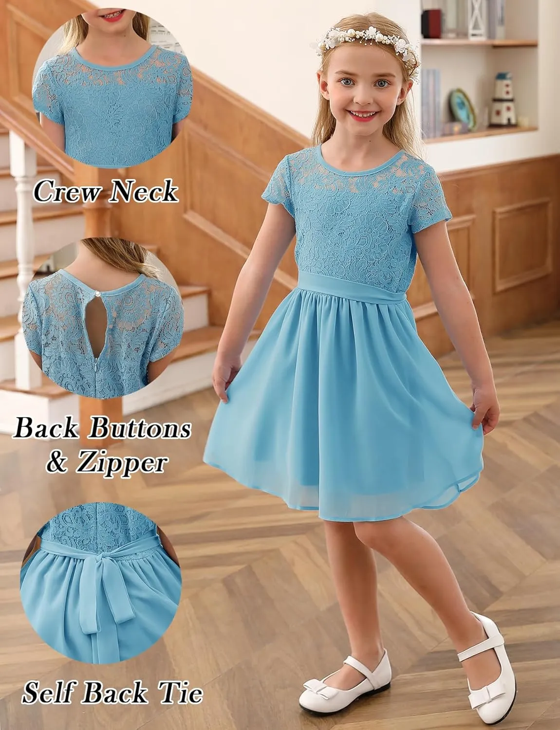 YOVION Flower Girls Dress Crew Neck Elegant Lace A-Line Formal Wedding Party Dresses for 6-12 Years
