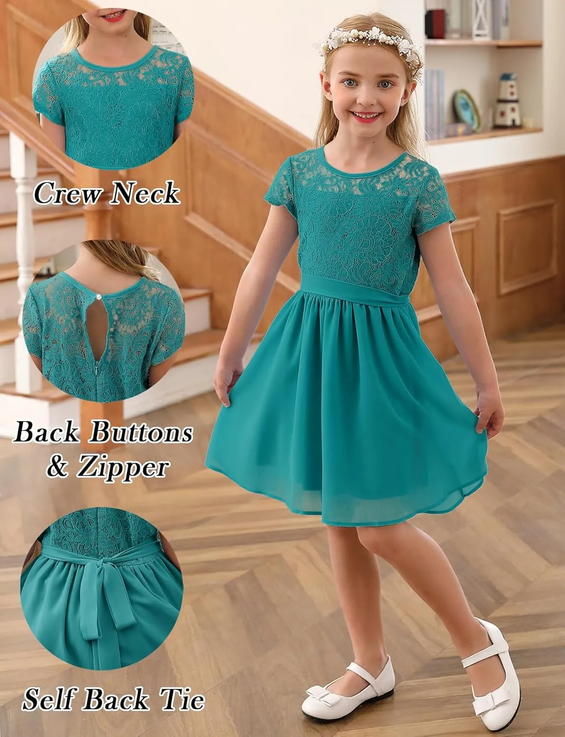 YOVION Flower Girls Dress Crew Neck Elegant Lace A-Line Formal Wedding Party Dresses for 6-12 Years