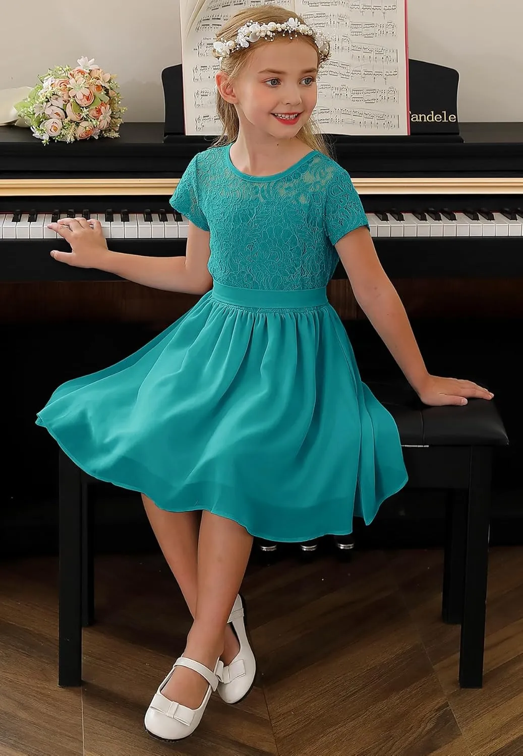 YOVION Flower Girls Dress Crew Neck Elegant Lace A-Line Formal Wedding Party Dresses for 6-12 Years