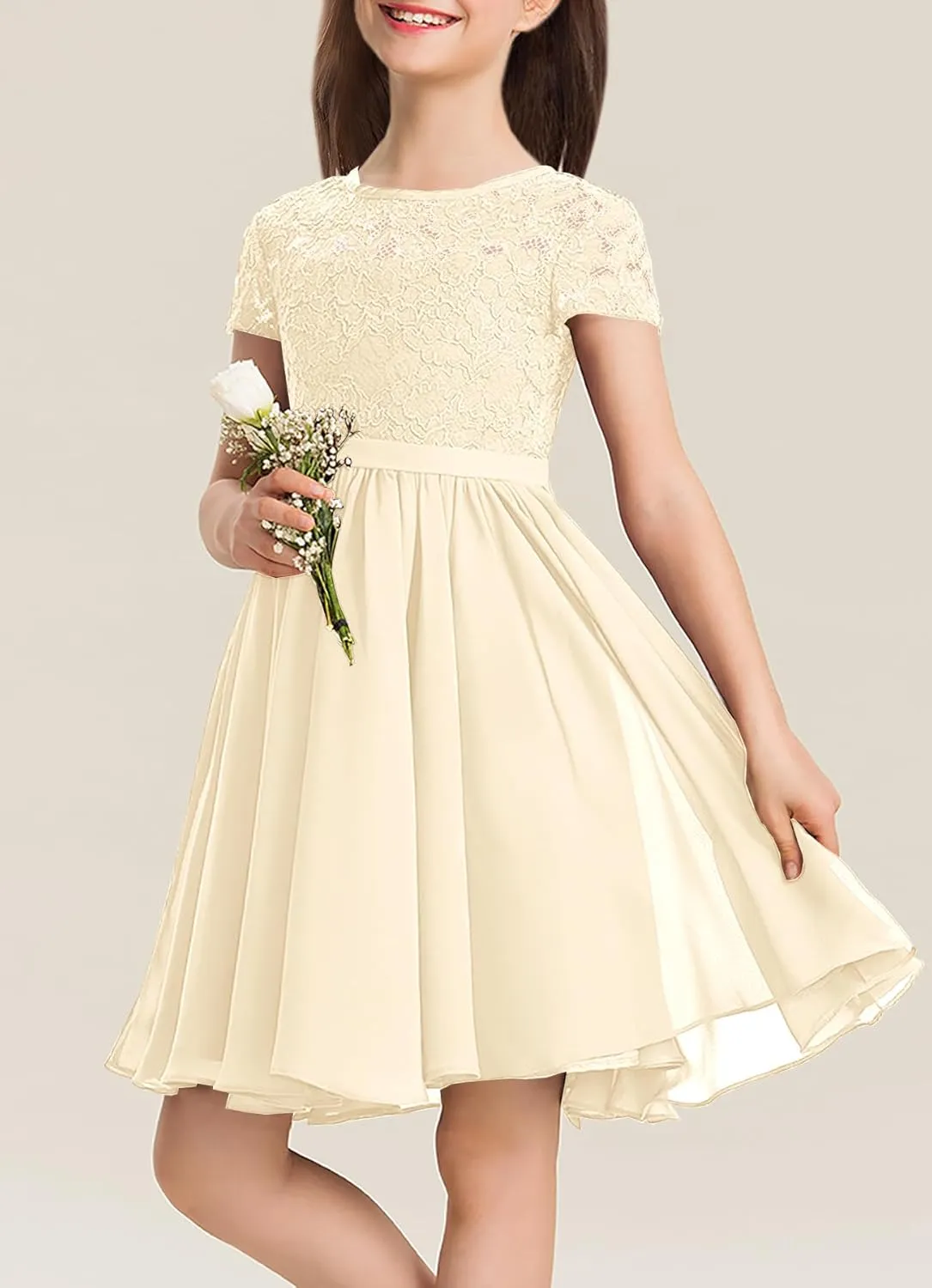 YOVION Flower Girls Dress Crew Neck Elegant Lace A-Line Formal Wedding Party Dresses for 6-12 Years