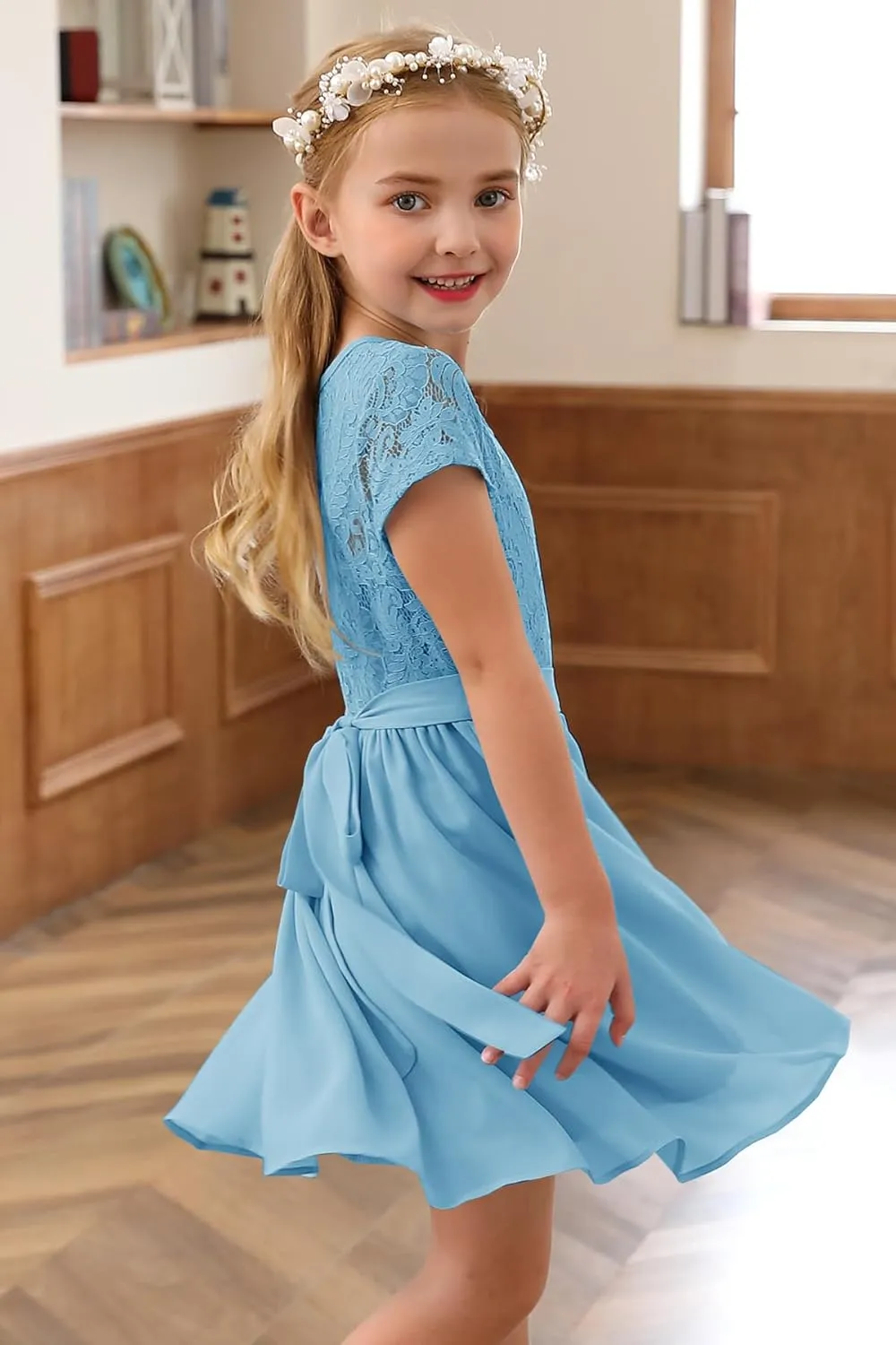 YOVION Flower Girls Dress Crew Neck Elegant Lace A-Line Formal Wedding Party Dresses for 6-12 Years