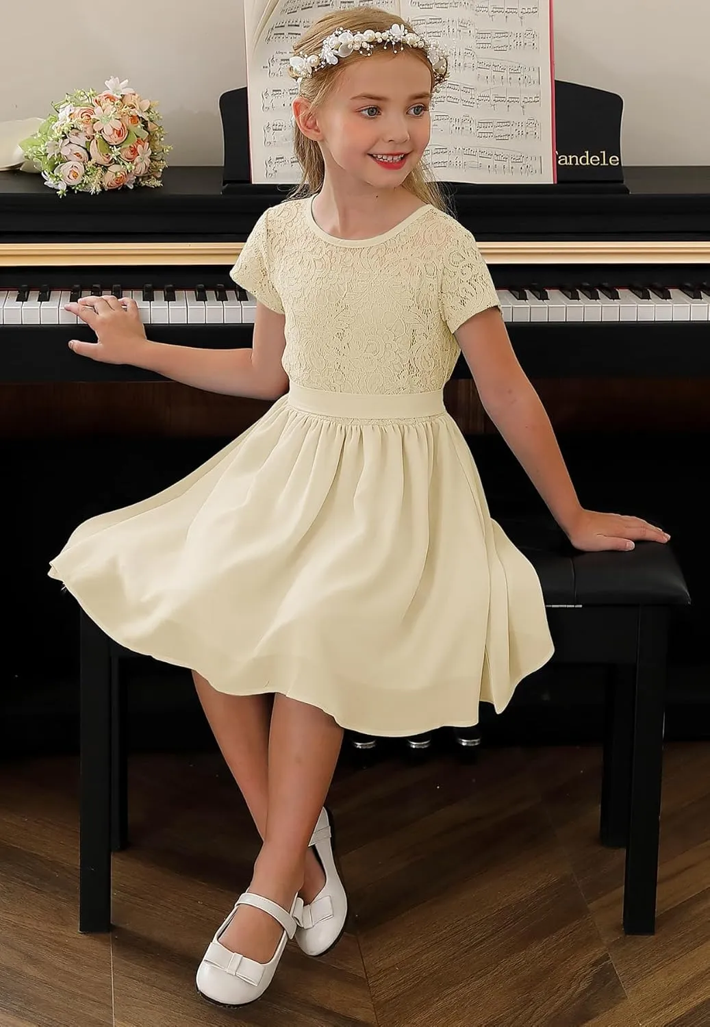 YOVION Flower Girls Dress Crew Neck Elegant Lace A-Line Formal Wedding Party Dresses for 6-12 Years