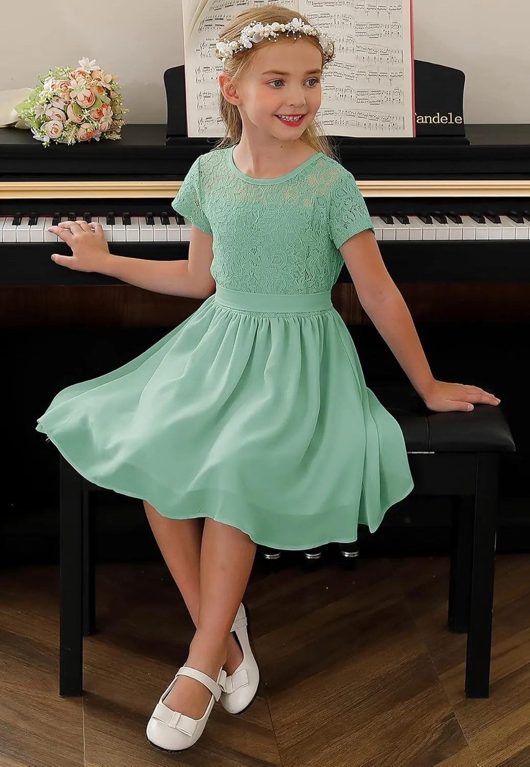 YOVION Flower Girls Dress Crew Neck Elegant Lace A-Line Formal Wedding Party Dresses for 6-12 Years