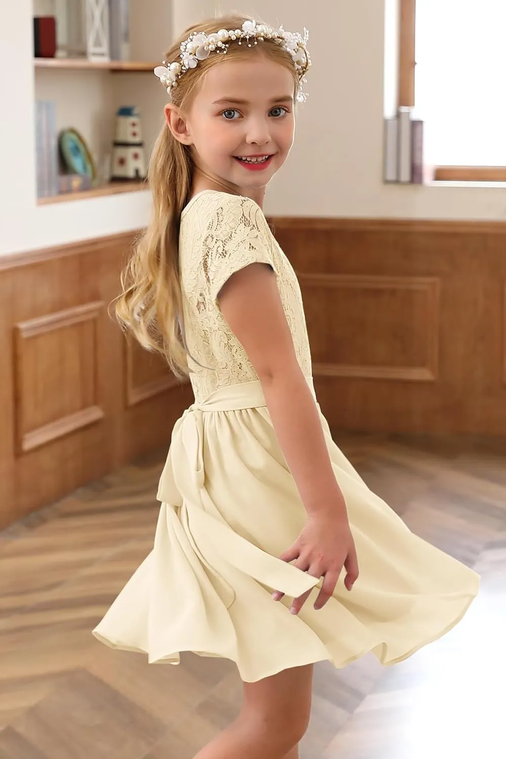 YOVION Flower Girls Dress Crew Neck Elegant Lace A-Line Formal Wedding Party Dresses for 6-12 Years