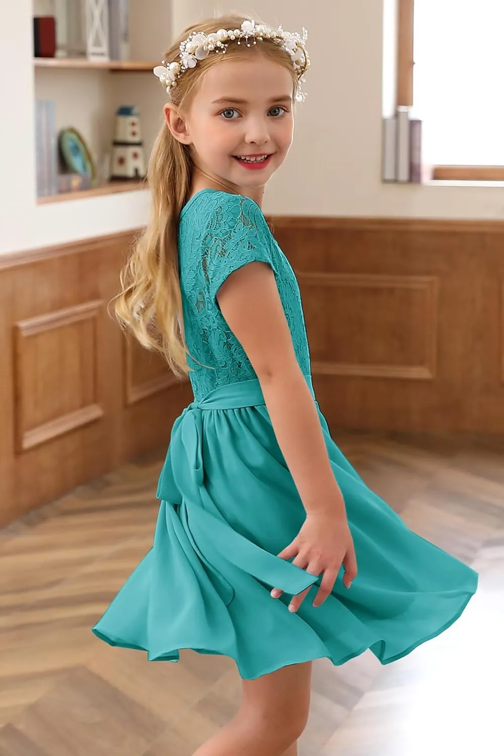 YOVION Flower Girls Dress Crew Neck Elegant Lace A-Line Formal Wedding Party Dresses for 6-12 Years