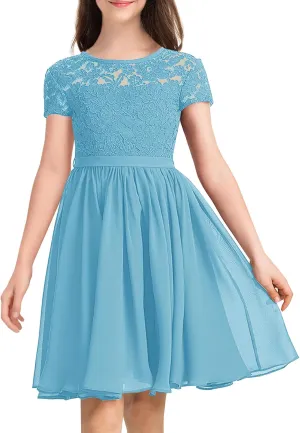 YOVION Flower Girls Dress Crew Neck Elegant Lace A-Line Formal Wedding Party Dresses for 6-12 Years