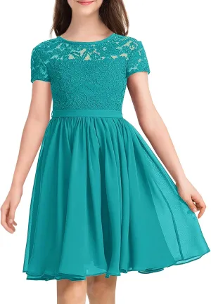 YOVION Flower Girls Dress Crew Neck Elegant Lace A-Line Formal Wedding Party Dresses for 6-12 Years