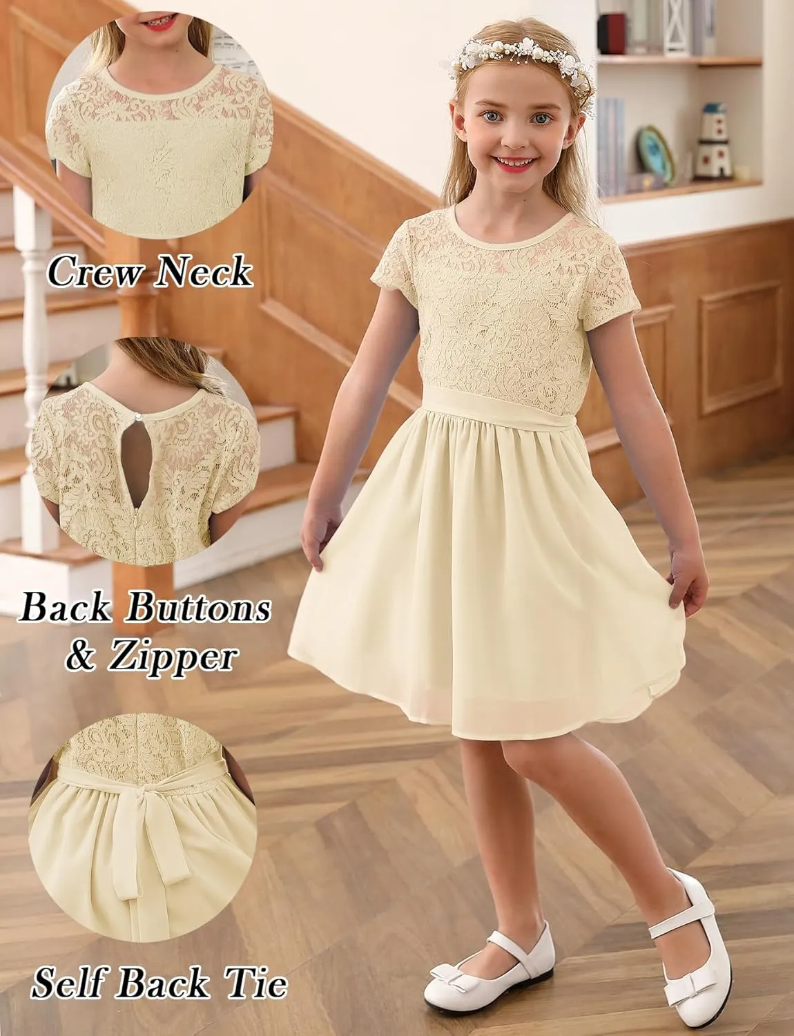 YOVION Flower Girls Dress Crew Neck Elegant Lace A-Line Formal Wedding Party Dresses for 6-12 Years