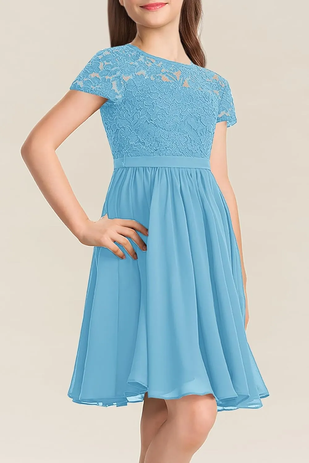 YOVION Flower Girls Dress Crew Neck Elegant Lace A-Line Formal Wedding Party Dresses for 6-12 Years