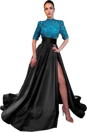 Yuxin Sparkly Sequin Prom Dresses Long Ball Gown High Neck Half Sleeve Satin Formal Evening Gowns with Slit 828