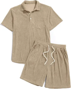 ZAFUL Men's Corduroy 2 Piece Polo Shirt Summer Shorts Set Casual 1/4 Button Outfits, Ideal for Vacation Beach & Daily Wear