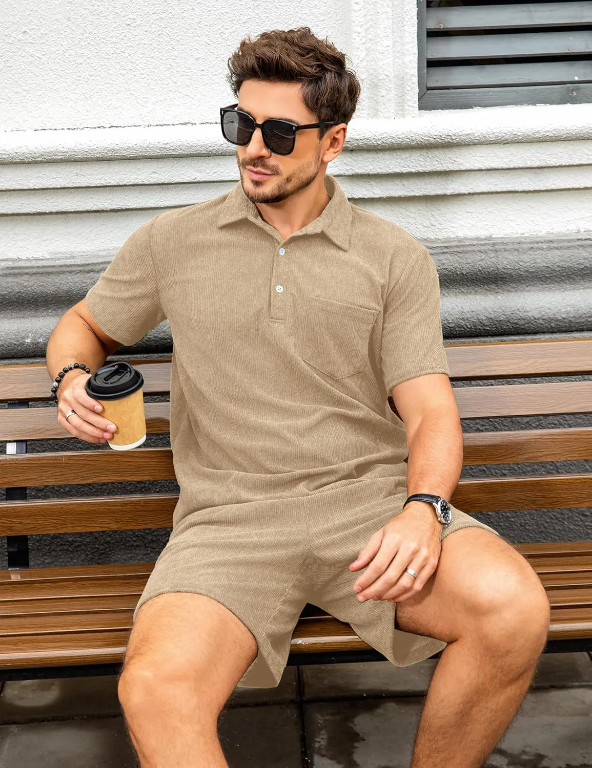 ZAFUL Men's Corduroy 2 Piece Polo Shirt Summer Shorts Set Casual 1/4 Button Outfits, Ideal for Vacation Beach & Daily Wear