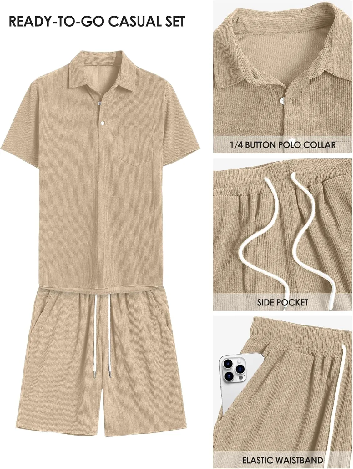 ZAFUL Men's Corduroy 2 Piece Polo Shirt Summer Shorts Set Casual 1/4 Button Outfits, Ideal for Vacation Beach & Daily Wear