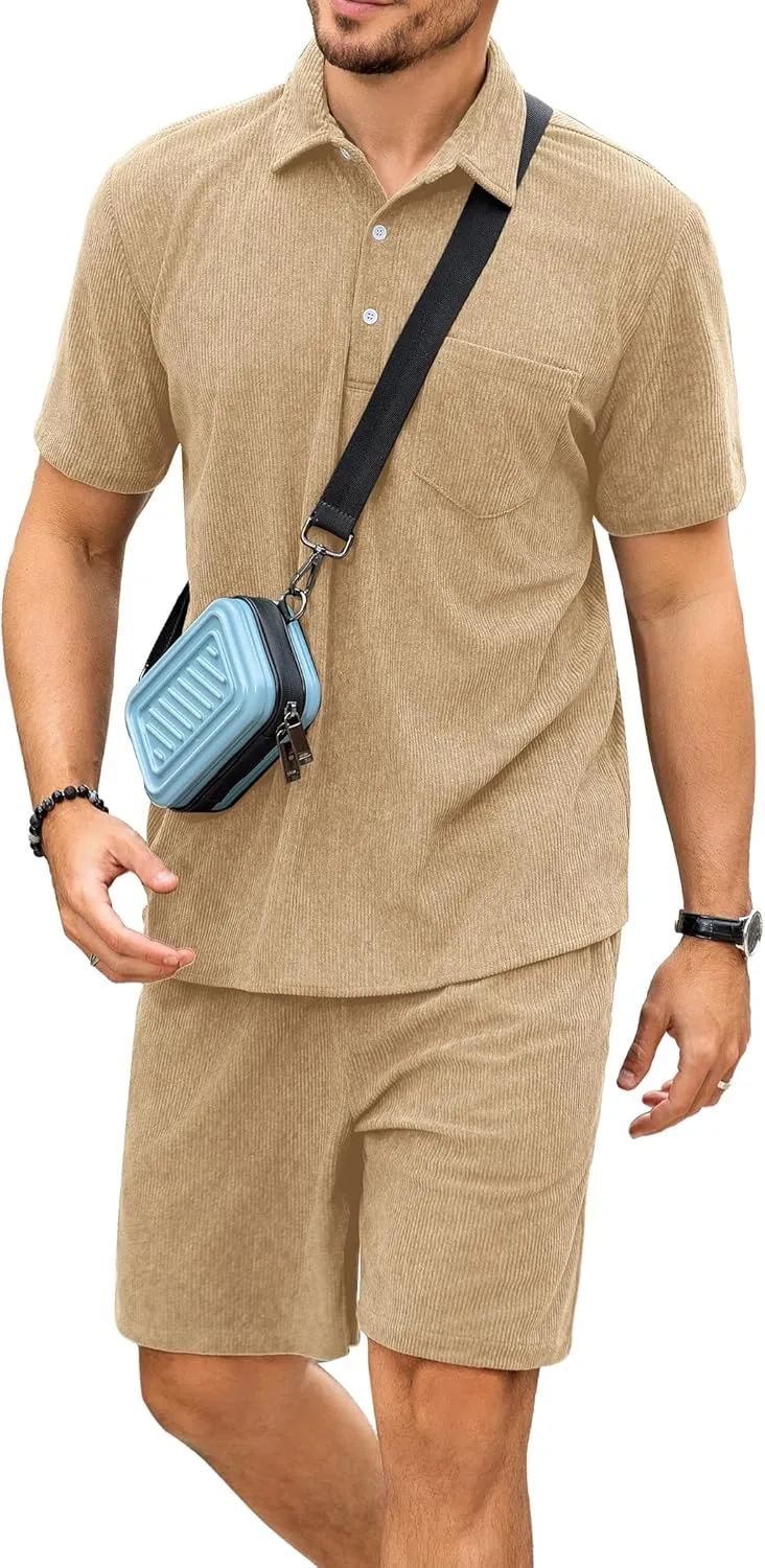 ZAFUL Men's Corduroy 2 Piece Polo Shirt Summer Shorts Set Casual 1/4 Button Outfits, Ideal for Vacation Beach & Daily Wear