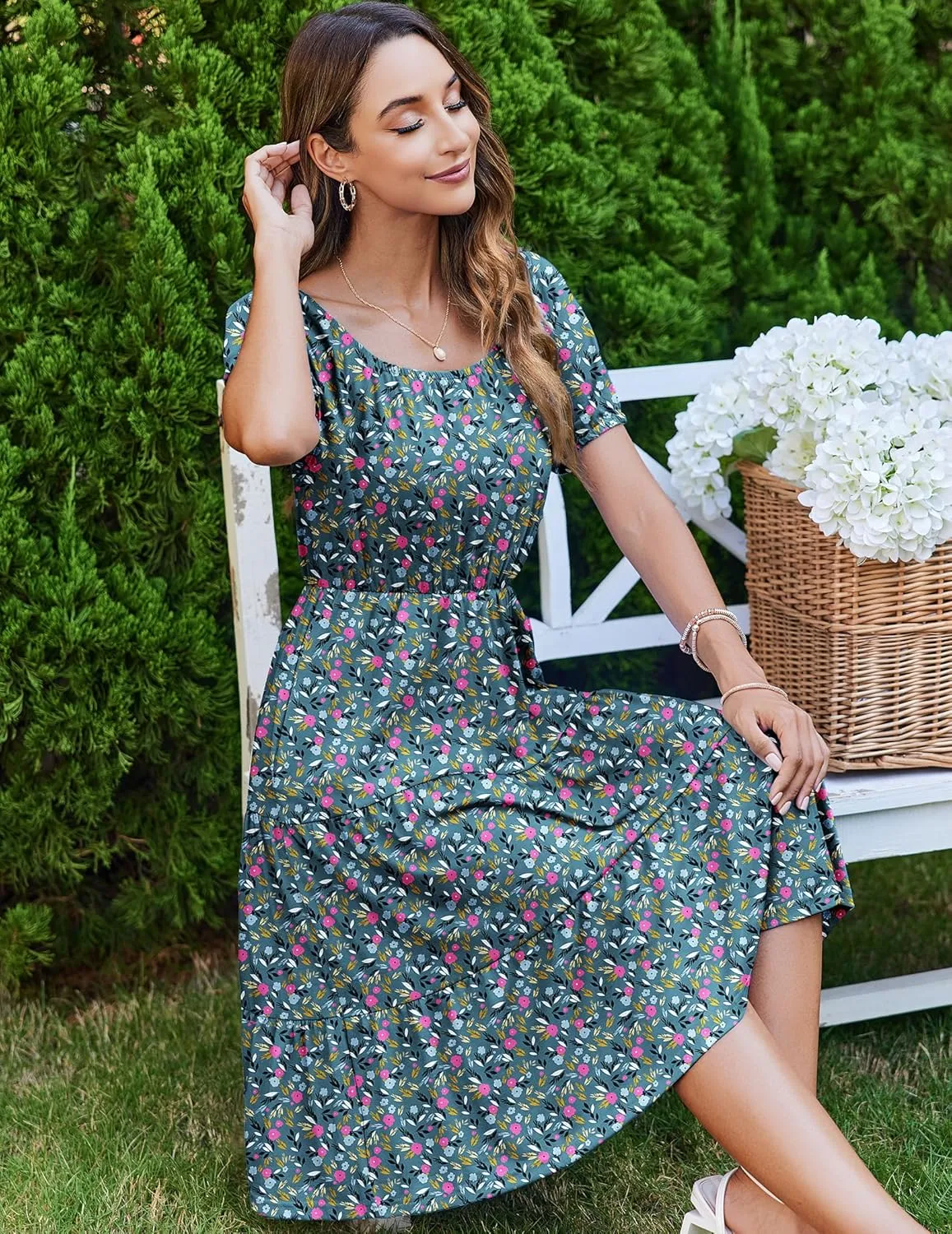 Zeagoo Women's Summer Dress Casual Puff Sleeve Square Neck Midi Dresses Tiered Beach Vacation A-Line Sundress with Pockets
