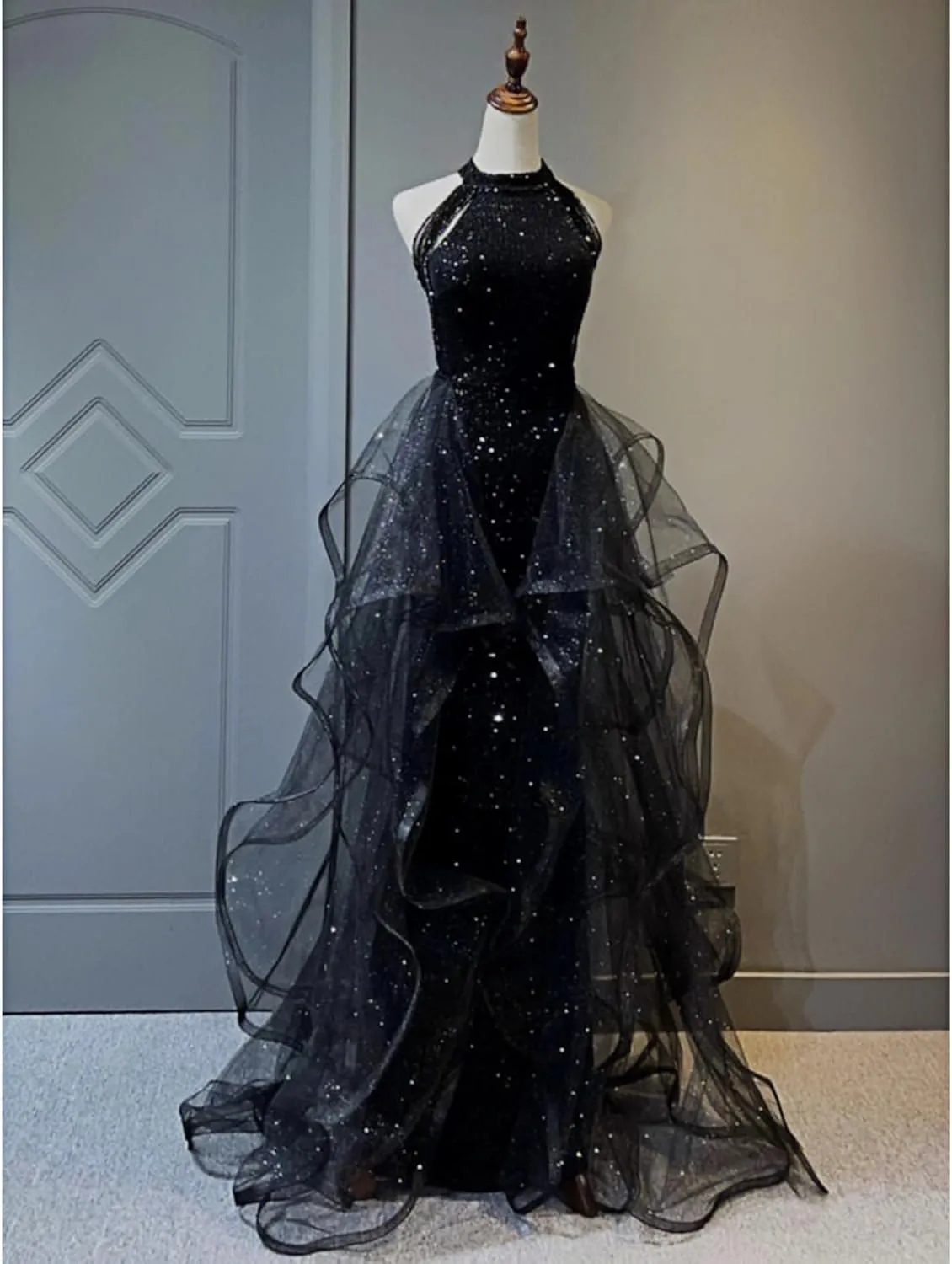 Zeeyecie High Neck Sequins Prom Dresses 2025 Long A Line Tulle Sparkly Formal Evening Dresses Ball Gowns for Women