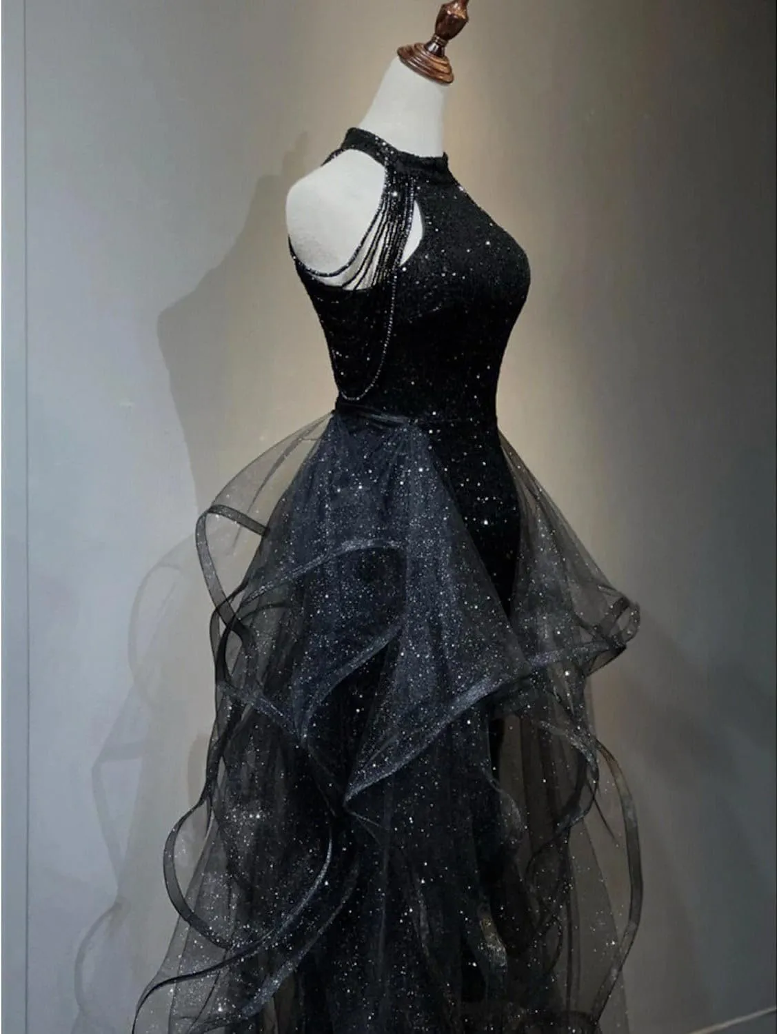 Zeeyecie High Neck Sequins Prom Dresses 2025 Long A Line Tulle Sparkly Formal Evening Dresses Ball Gowns for Women