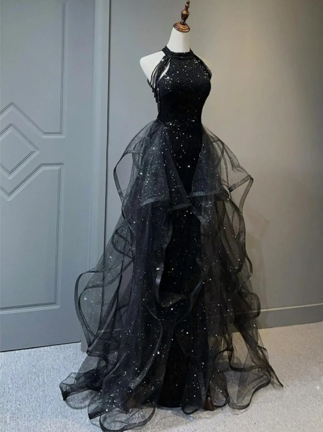 Zeeyecie High Neck Sequins Prom Dresses 2025 Long A Line Tulle Sparkly Formal Evening Dresses Ball Gowns for Women