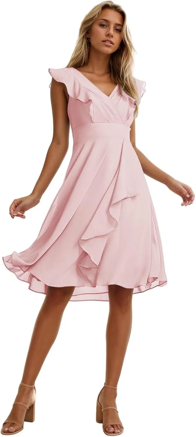 Zoghoo Chiffon Bridesmaid Dresses for Women V Neck Short Wedding Guest Dress Corset Formal Evening Gown