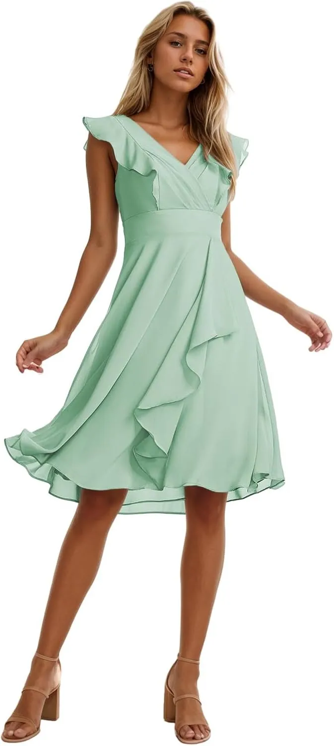 Zoghoo Chiffon Bridesmaid Dresses for Women V Neck Short Wedding Guest Dress Corset Formal Evening Gown