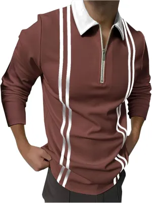 ZYXTIM Men's Long Sleeve Polo Shirts with Collar Casual Waffle Knit Zipper Up Colorblock/Stripe Lapel Sports Golf Work Tops