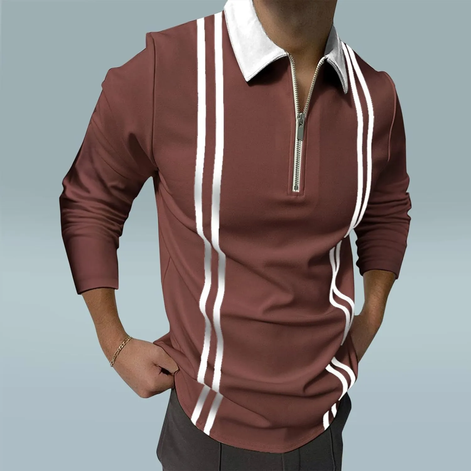 ZYXTIM Men's Long Sleeve Polo Shirts with Collar Casual Waffle Knit Zipper Up Colorblock/Stripe Lapel Sports Golf Work Tops
