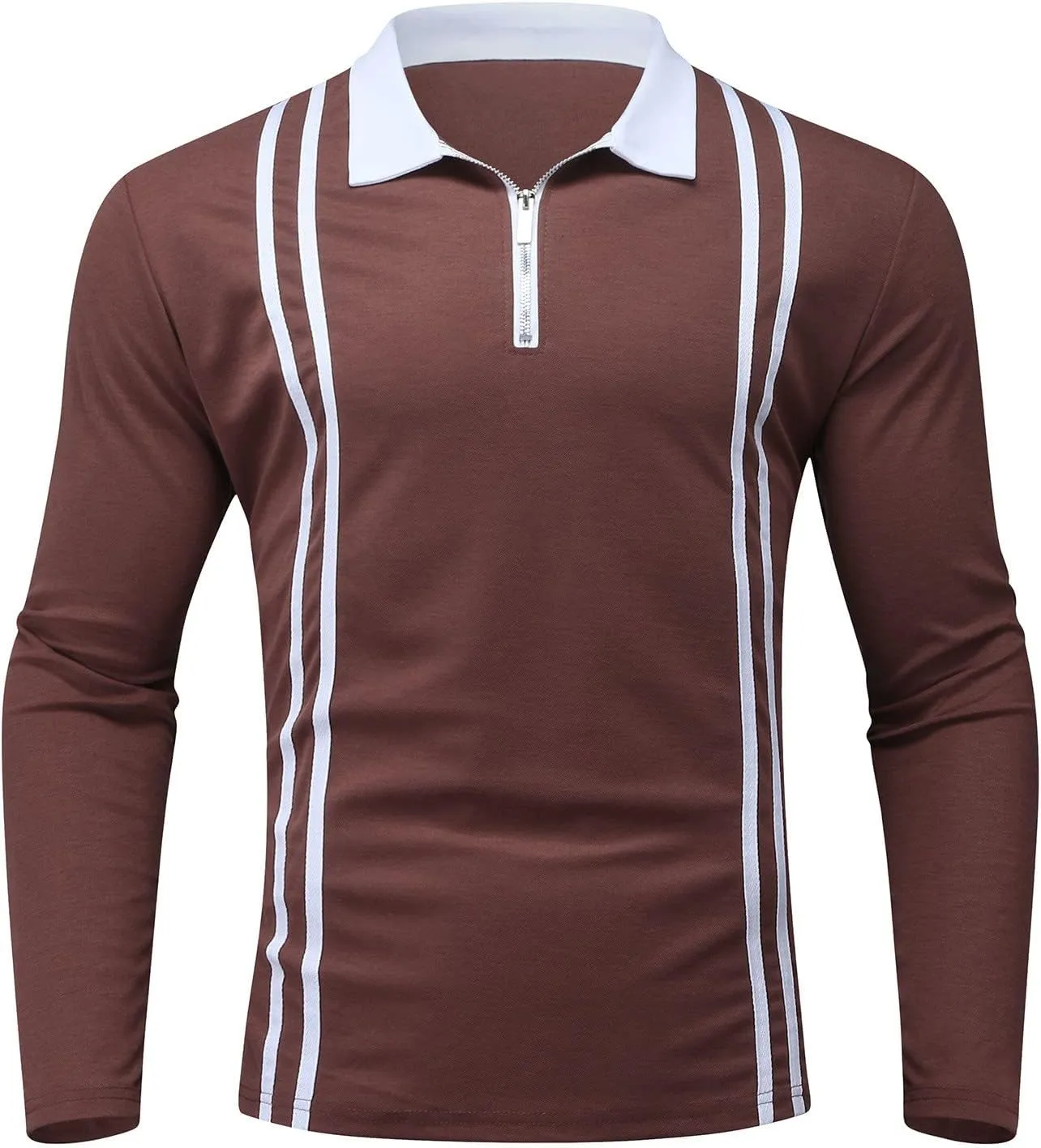 ZYXTIM Men's Long Sleeve Polo Shirts with Collar Casual Waffle Knit Zipper Up Colorblock/Stripe Lapel Sports Golf Work Tops